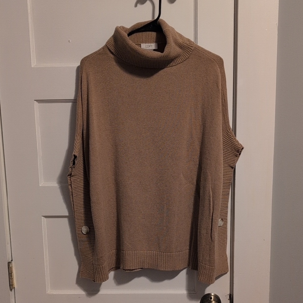 LOFT Cowl Neck Poncho-Sweater Featuring Buttons In Tan